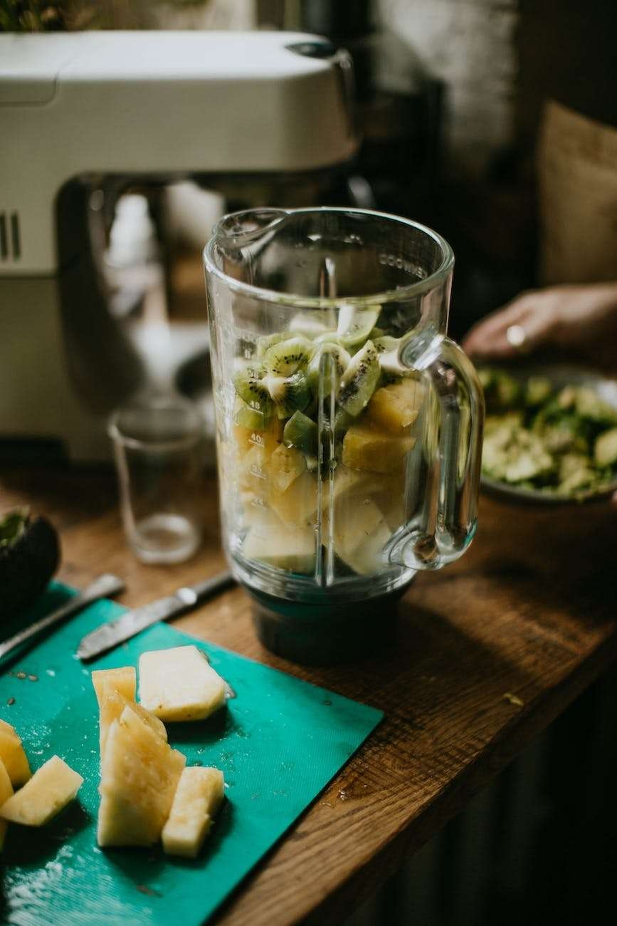 fruits slices on a blender