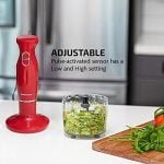 OVENTE Immersion Electric Hand Blender 300 Watt Power 2 Mix Speed with Stainless Steel Blades, Handheld Stick Mixer Set with Egg Whisk Attachment Mixing Beaker and BPA-Free Food Chopper, Red HS565R - Image 4
